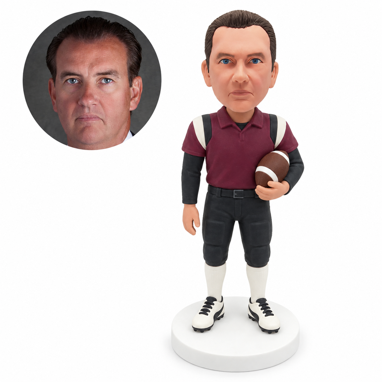 custom bobblehead figure football player in a layered polo cradling a ball under one arm