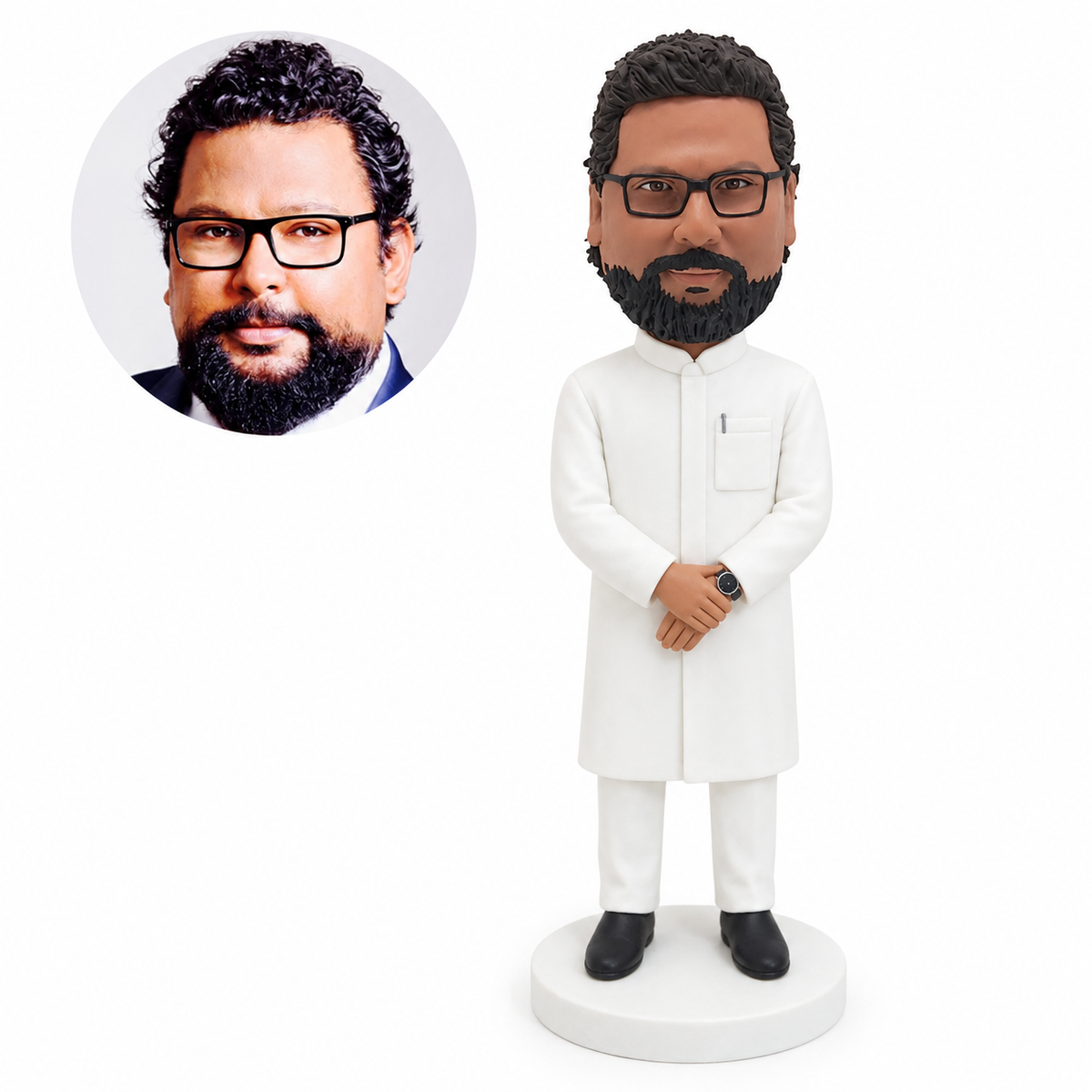 custom bobblehead figure man in a knee-length traditional tunic with hands folded in front