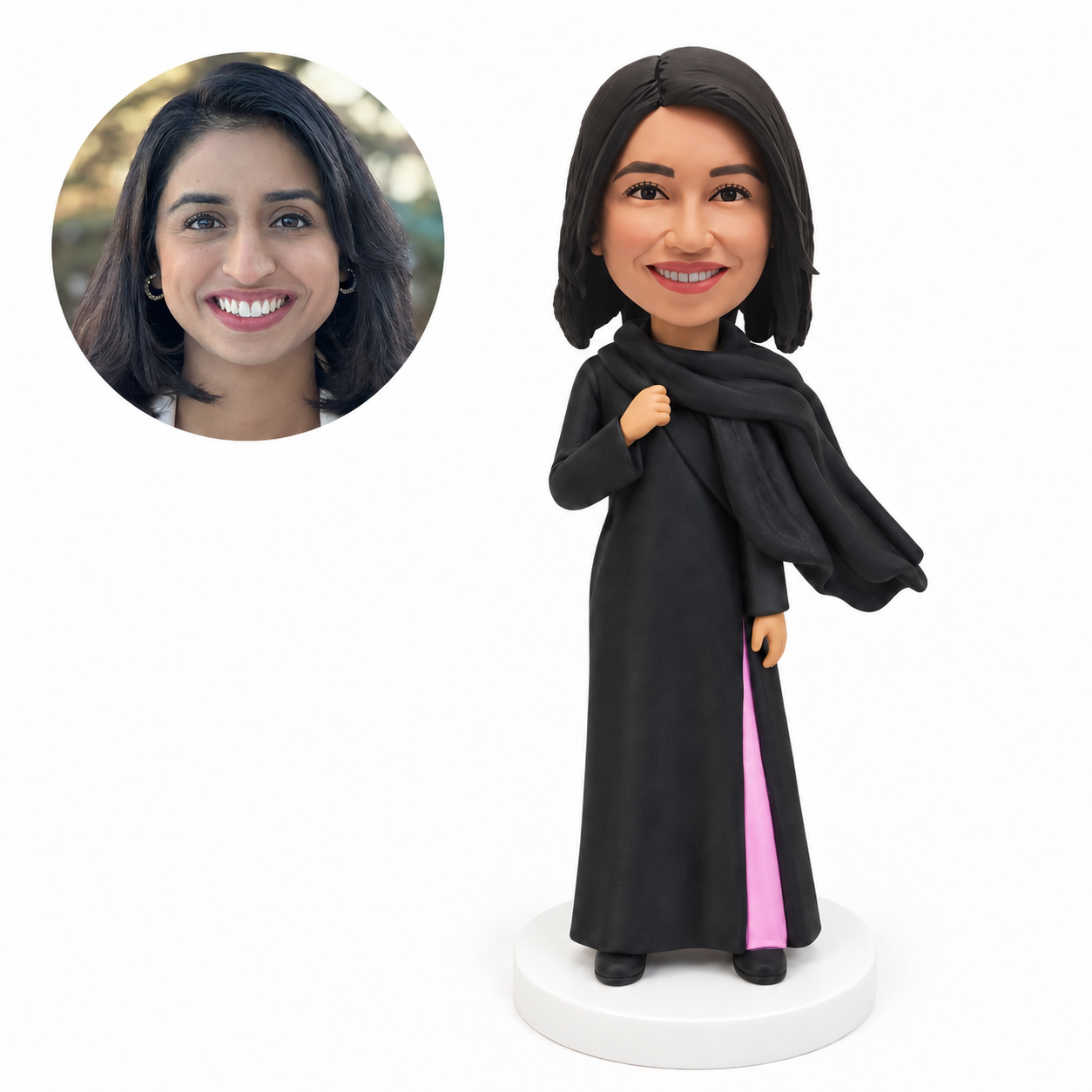 custom bobblehead figure woman in a long abaya holding a flowing scarf at her chest