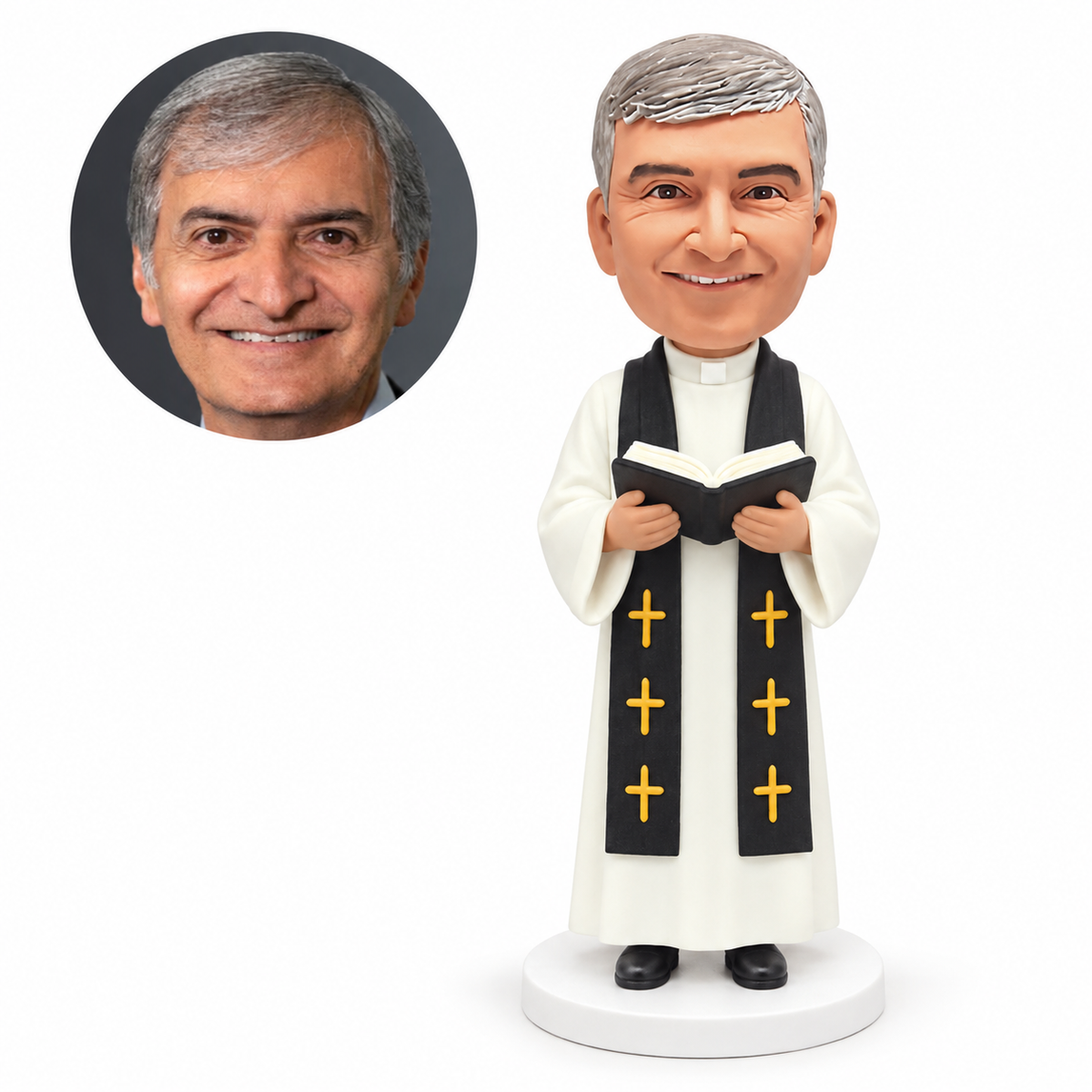 custom bobblehead figure priest in a white robe and a black stole holding an open Bible