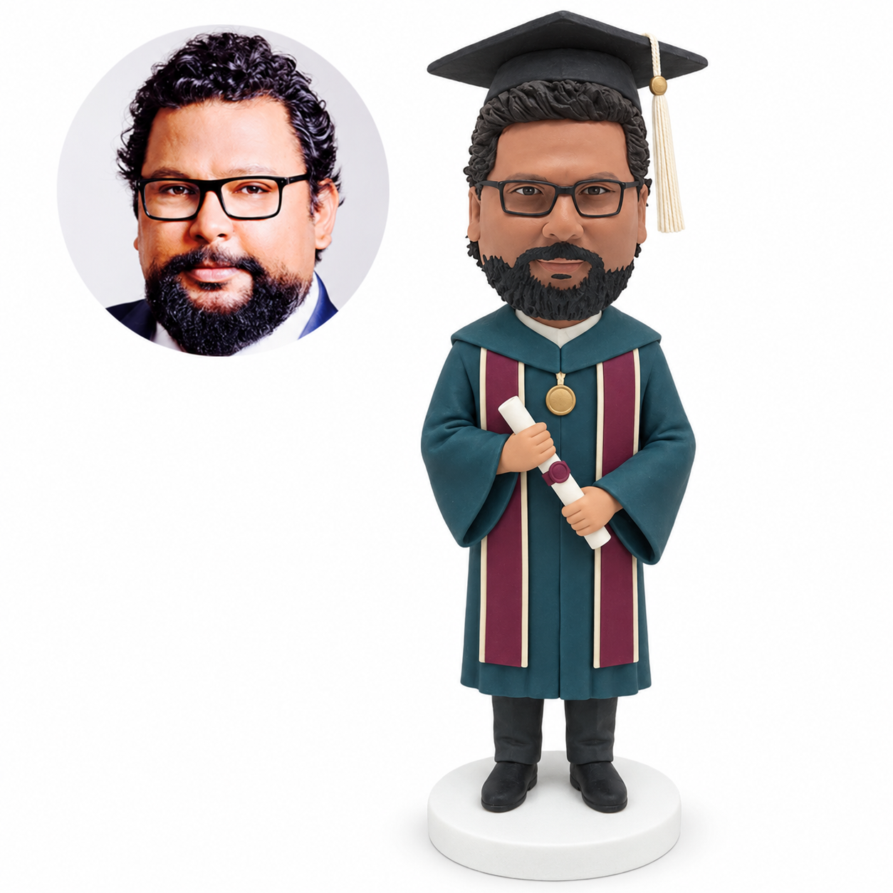 custom bobblehead figure male graduate in a bell-sleeved gown holding a diploma