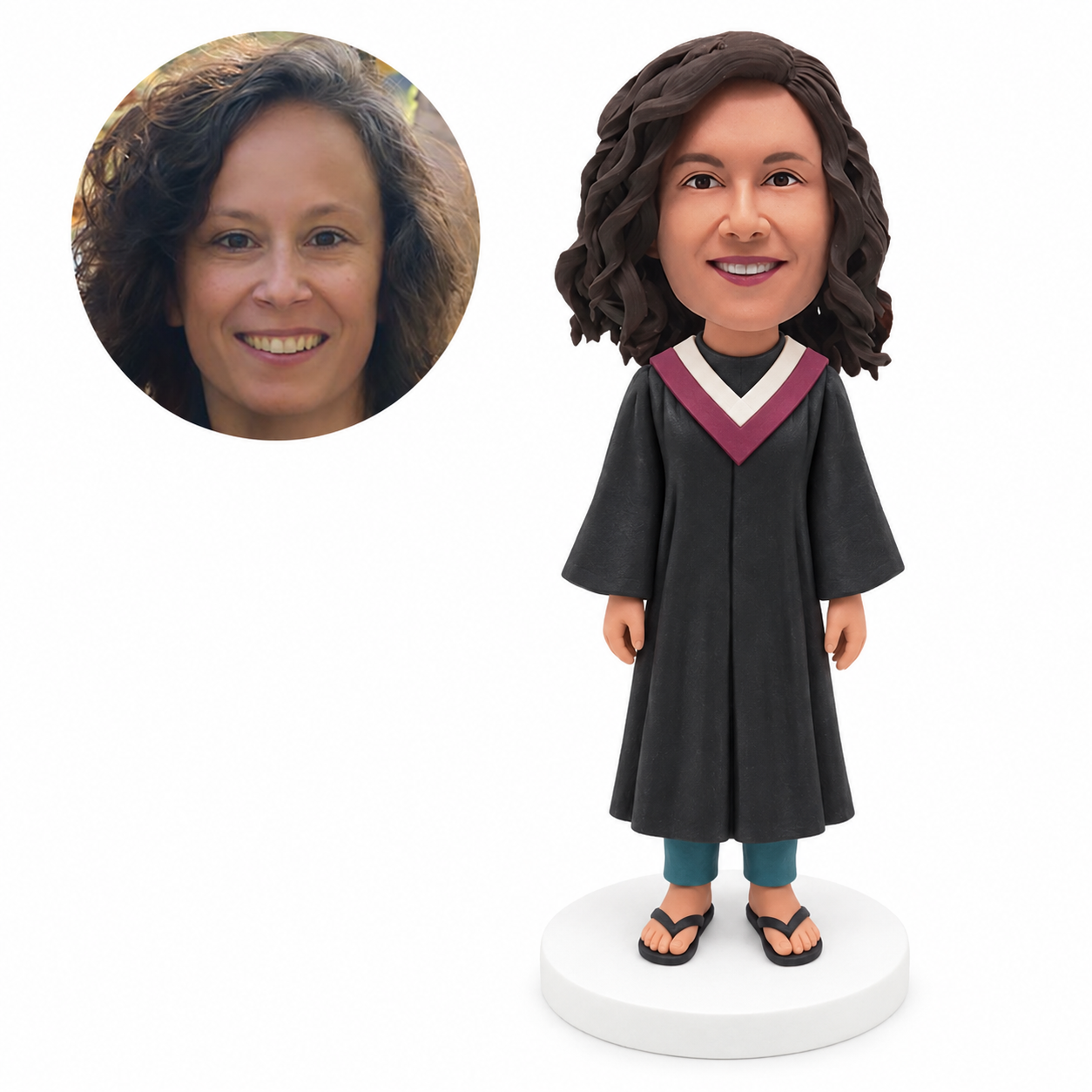 custom bobblehead figure female graduate in a long gown and trousers with flip-flops and both arms down