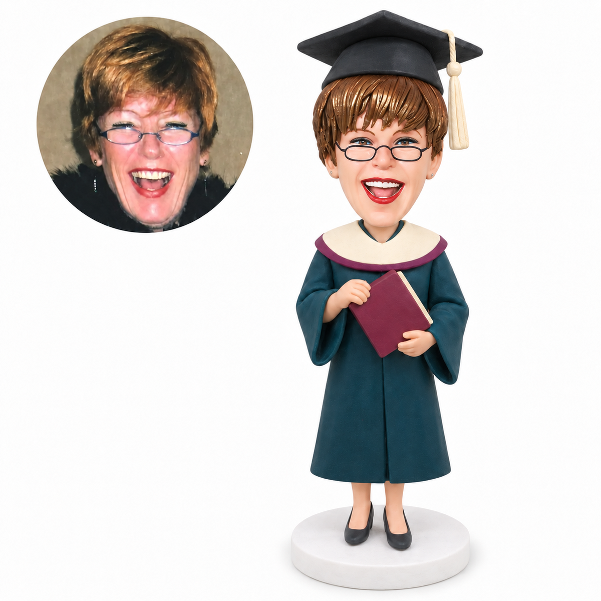 custom bobblehead figure female graduate with a round academic cape holding a diploma book