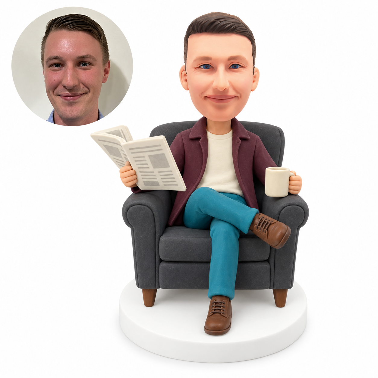 custom bobblehead figure man reading a newspaper with a mug and crossed legs in an armchair