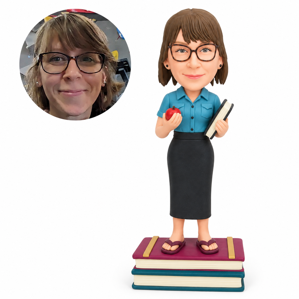 custom bobblehead figure female teacher holding an apple and a book while standing on stacked books
