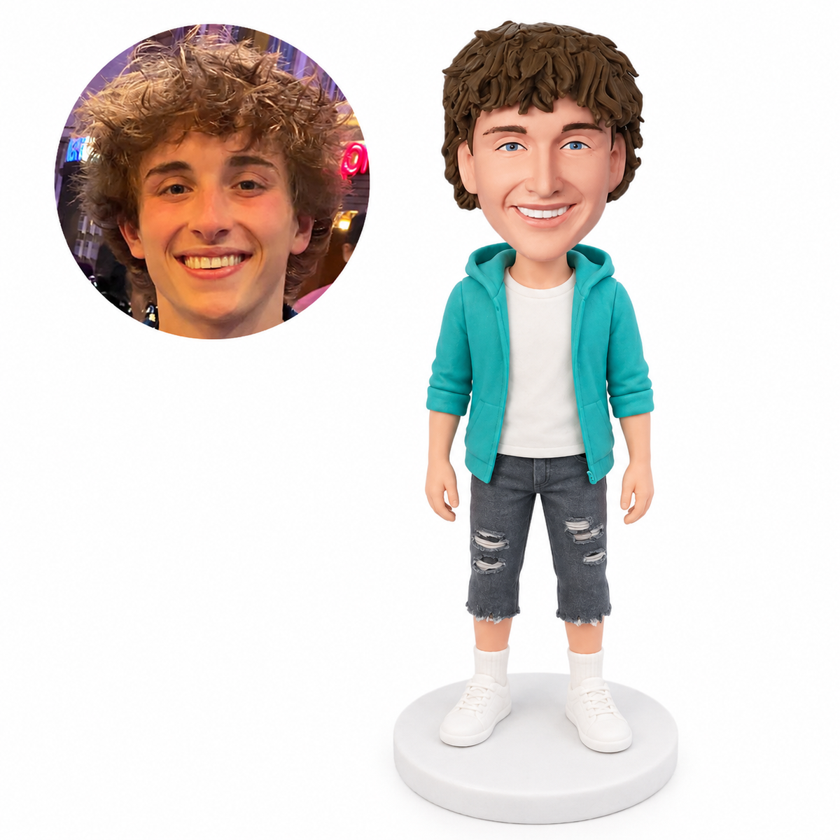 custom bobblehead figure man in an open hooded jacket and cropped trousers with his arms at his sides