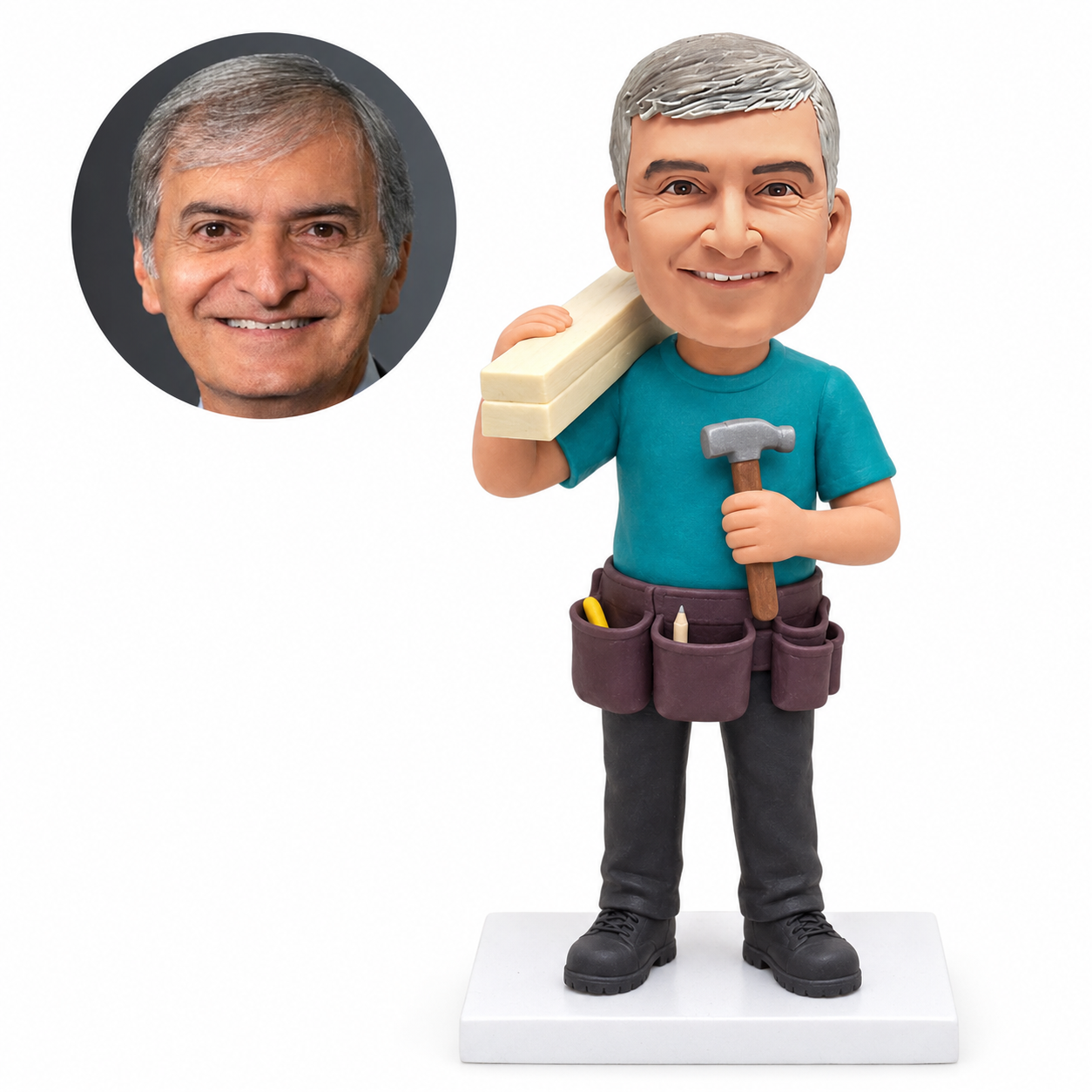 custom bobblehead figure carpenter carrying two timber beams over one shoulder while holding a hammer