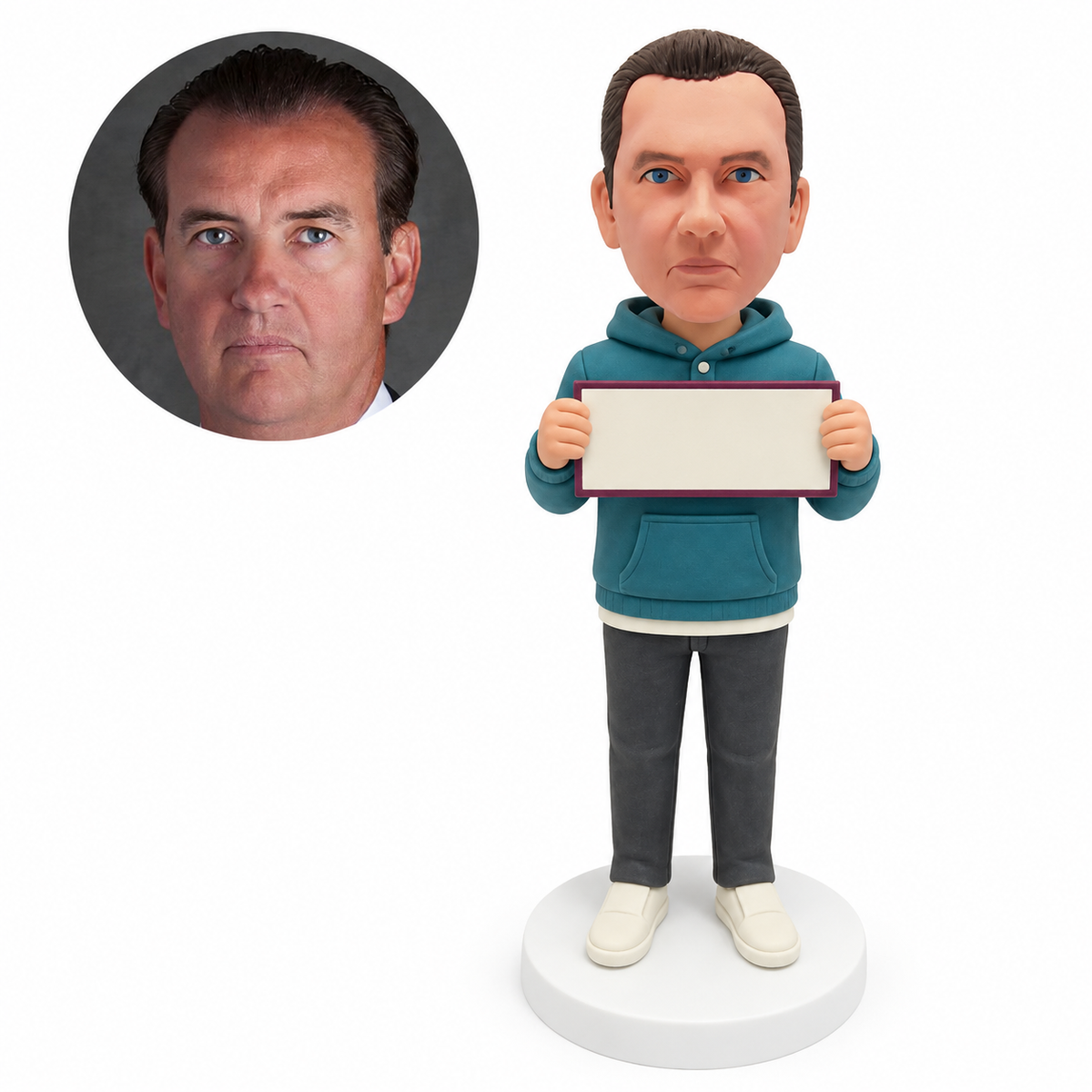 custom bobblehead figure man in a pullover hoodie holding a sign at his chest