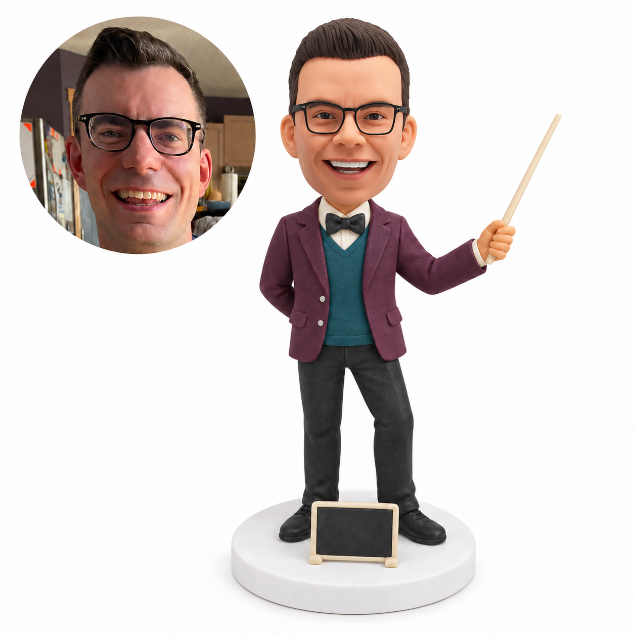 custom bobblehead figure male teacher holding a pointer beside a small blackboard