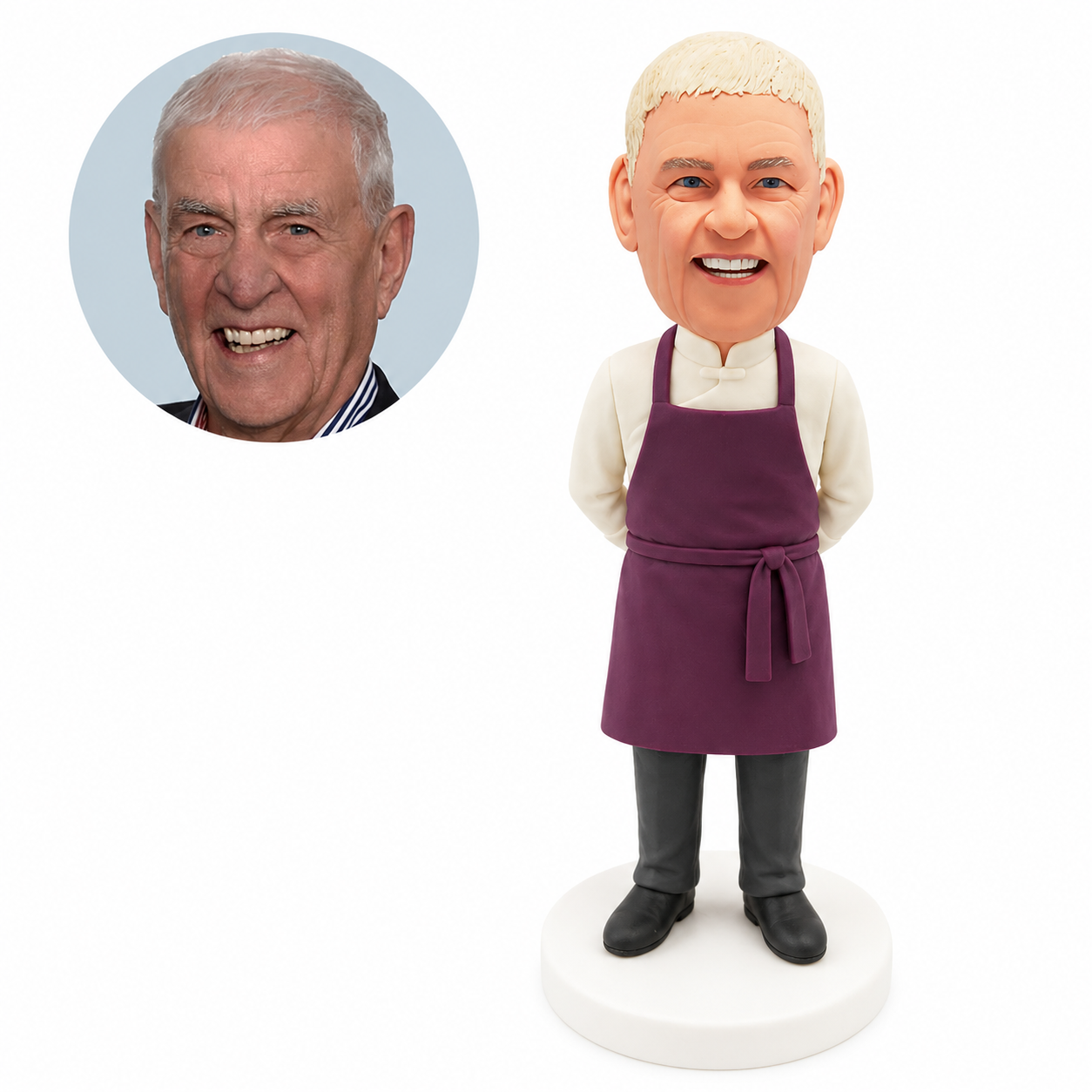 custom bobblehead figure chef in a long apron with his hands behind his back