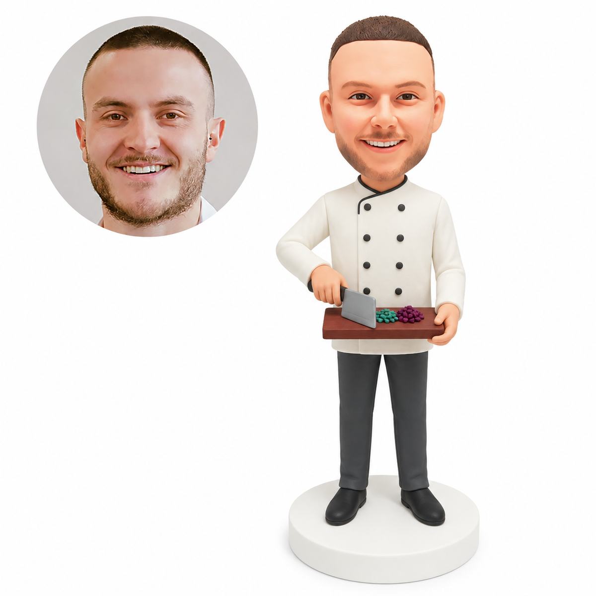 custom bobblehead figure chef chopping vegetables on a cutting board