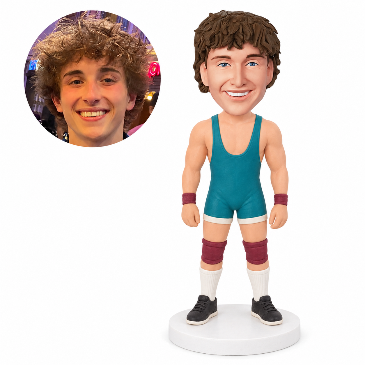 custom bobblehead figure male athlete in a singlet with wrist wraps and knee pads