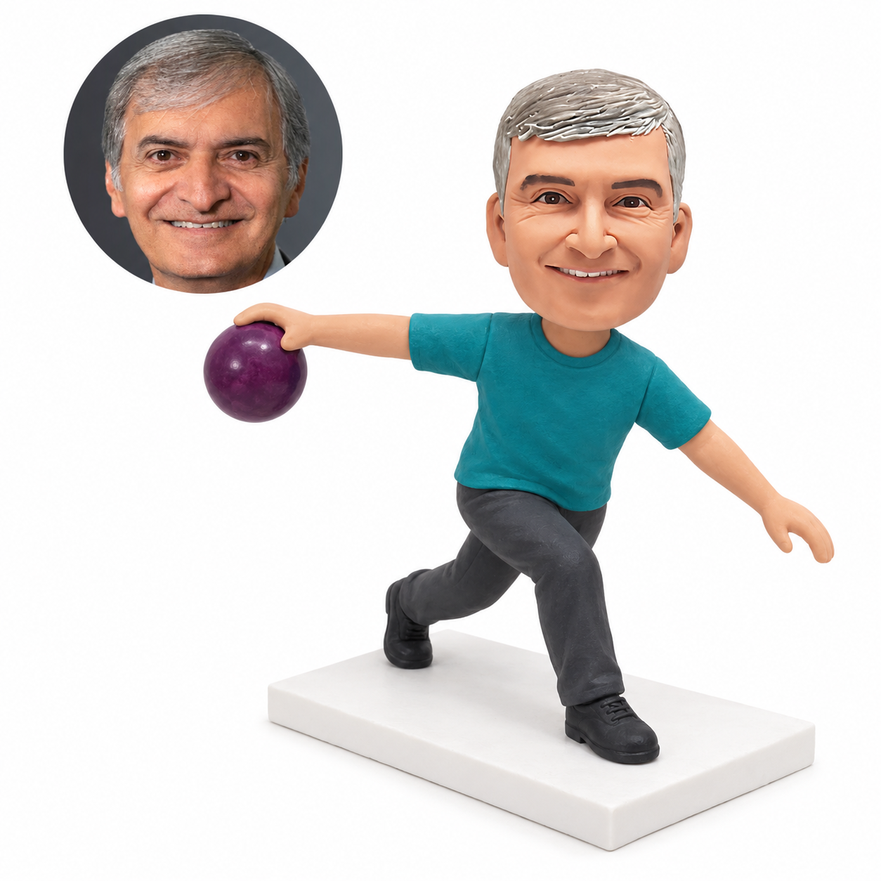 custom bobblehead figure male bowler leaning sideways with his arms outstretched