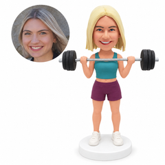 custom bobblehead figure female weightlifter in a cropped tank top and shorts holding a barbell at her chest