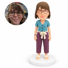 custom bobblehead figure woman in button-front pajamas and bow-waist trousers wearing slippers