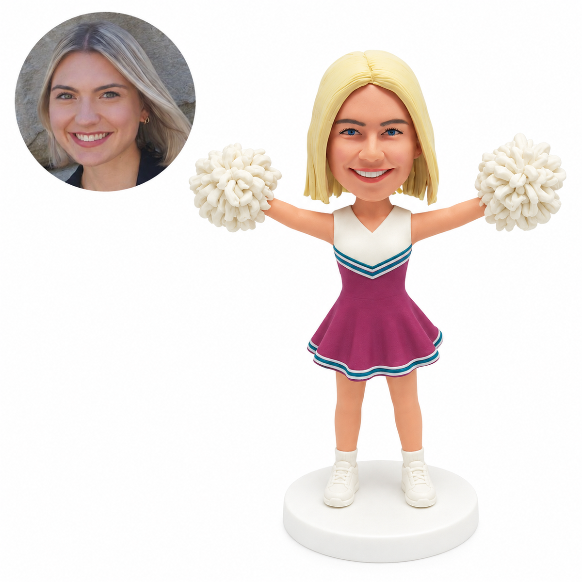 custom bobblehead figure female cheerleader with both arms raised sideways holding pom-poms