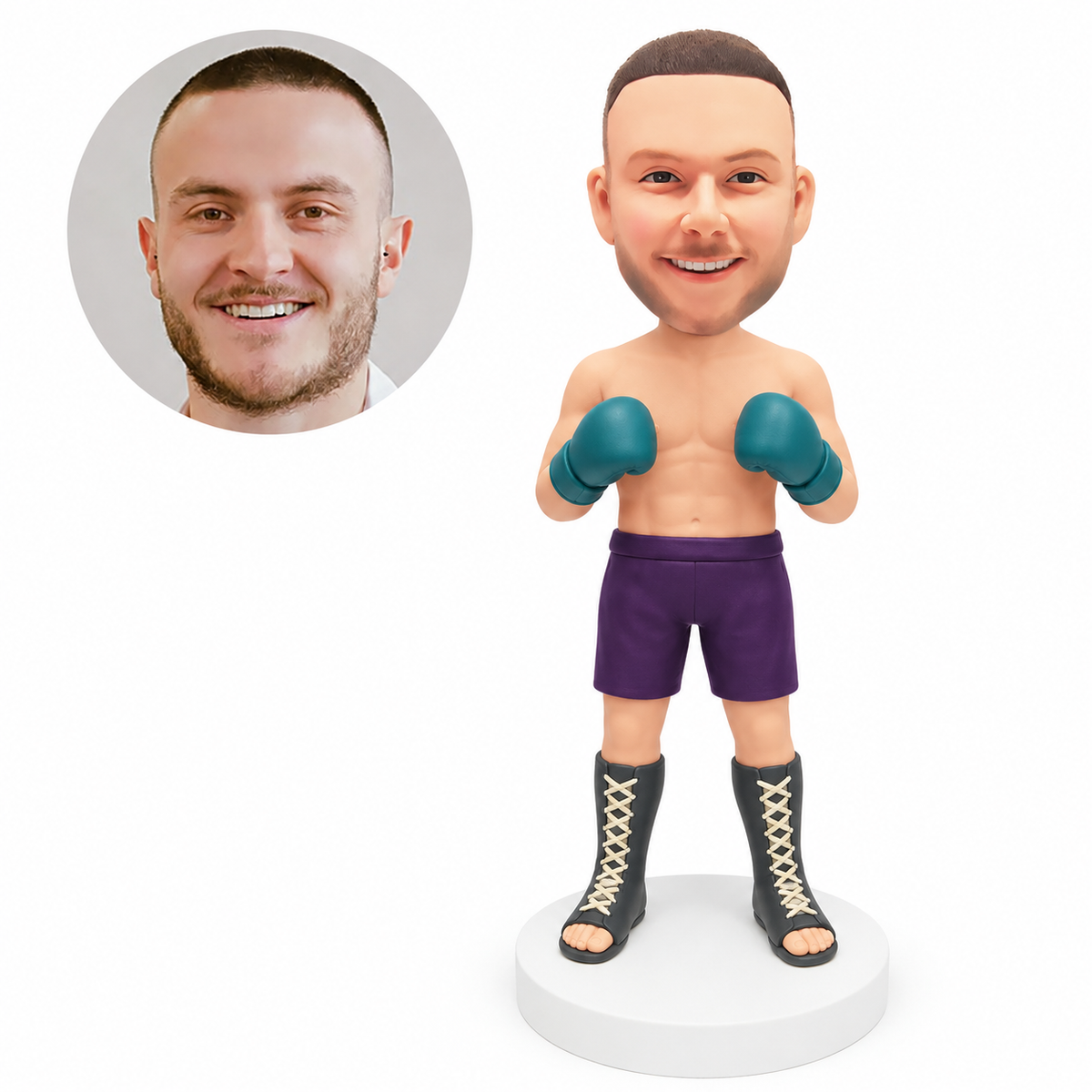 custom bobblehead figure male boxer in shorts and tall open-toe boots with both gloves in front