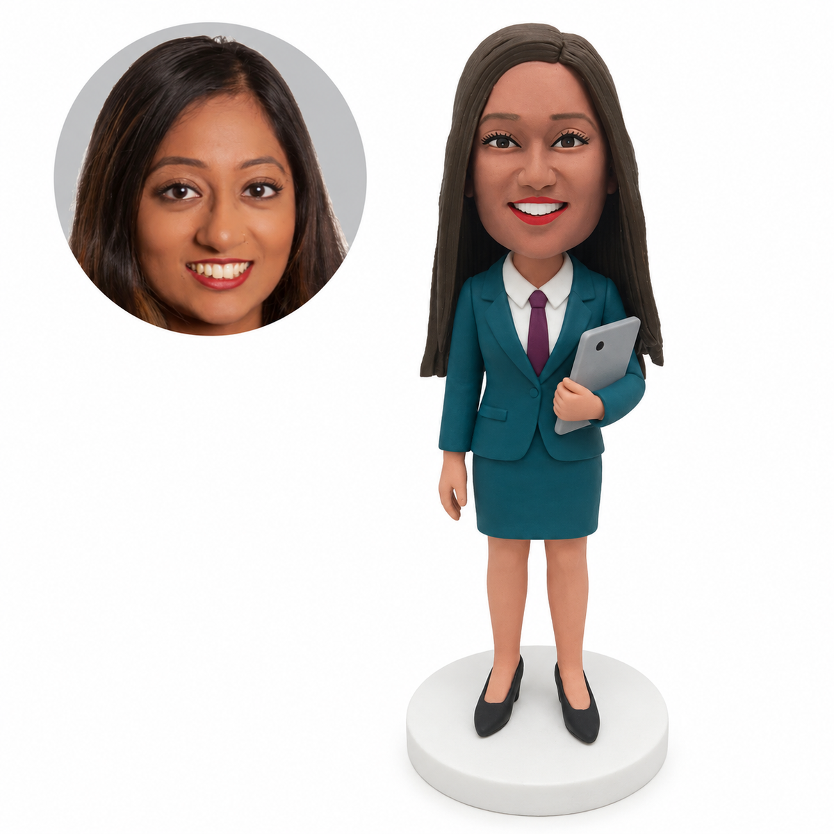 custom bobblehead figure business woman in a skirt suit holding a tablet computer