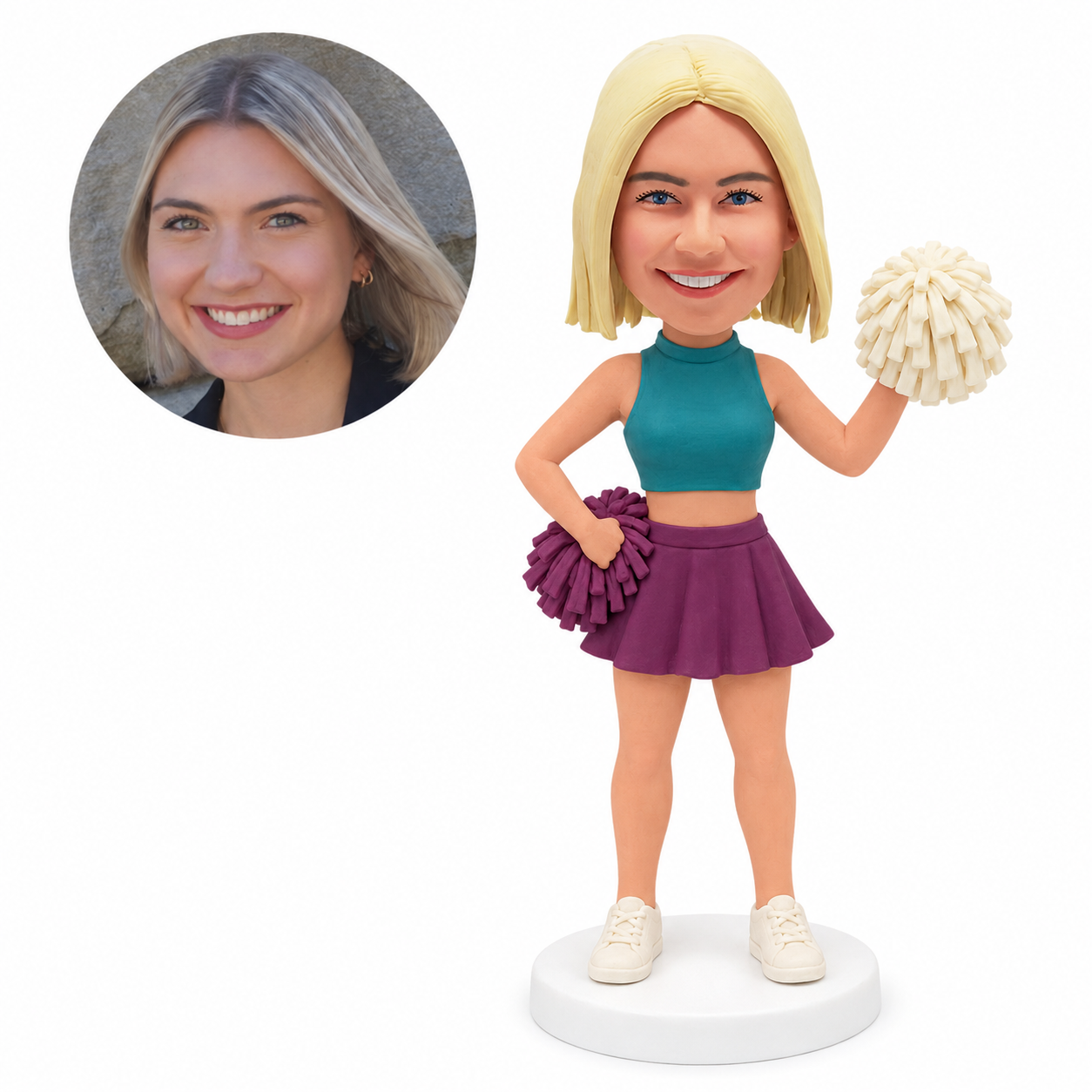 custom bobblehead figure female cheerleader holding one pom-pom high and another at her hip