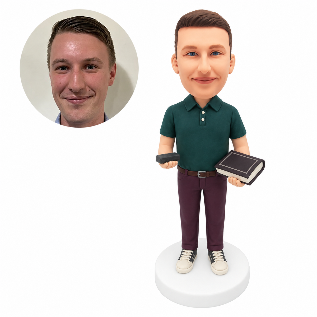 custom bobblehead figure male teacher holding a book and a blackboard eraser