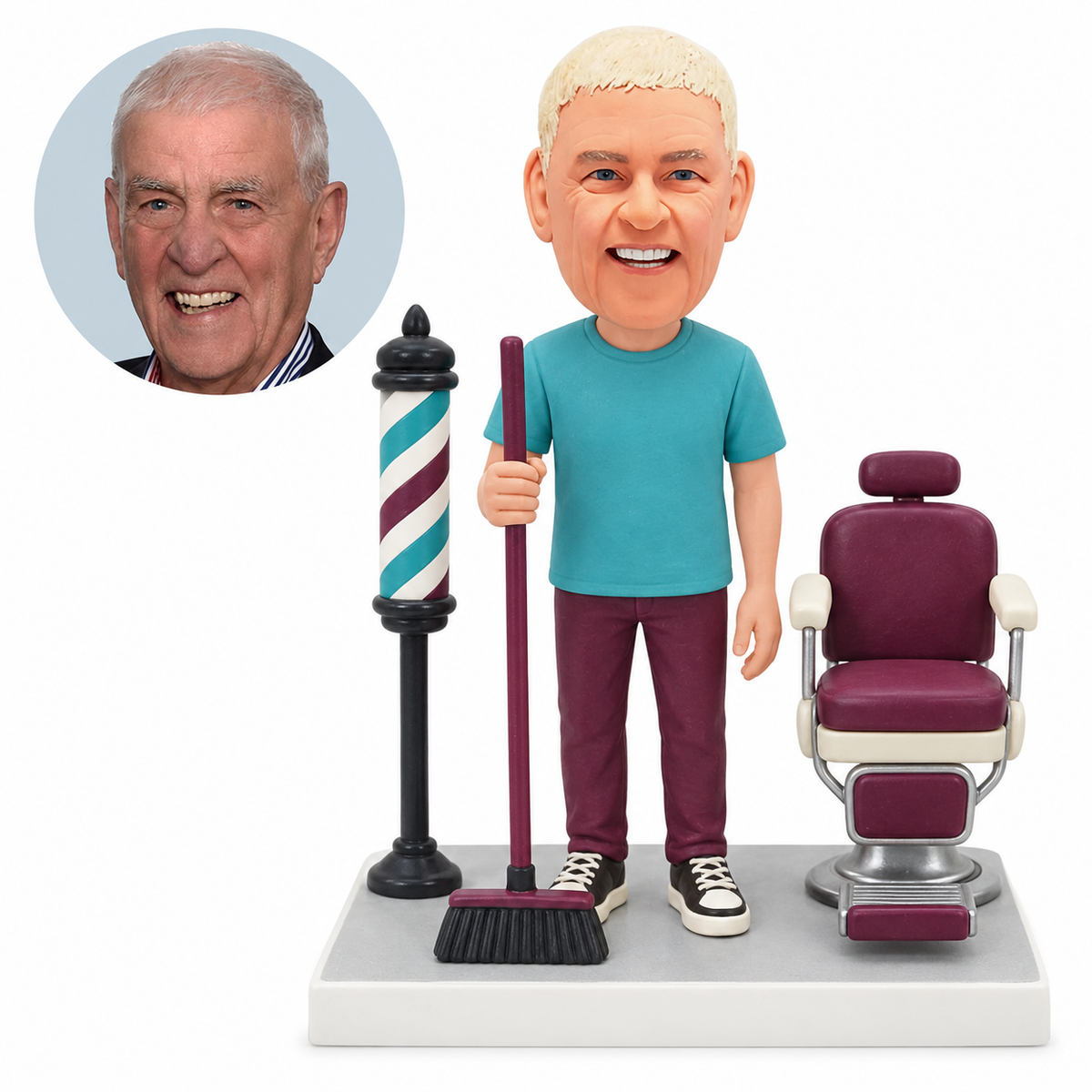 custom bobblehead figure male barber holding a broom beside a barber chair and pole