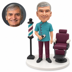 custom bobblehead figure male barber in a tunic holding clippers beside a barber chair and pole