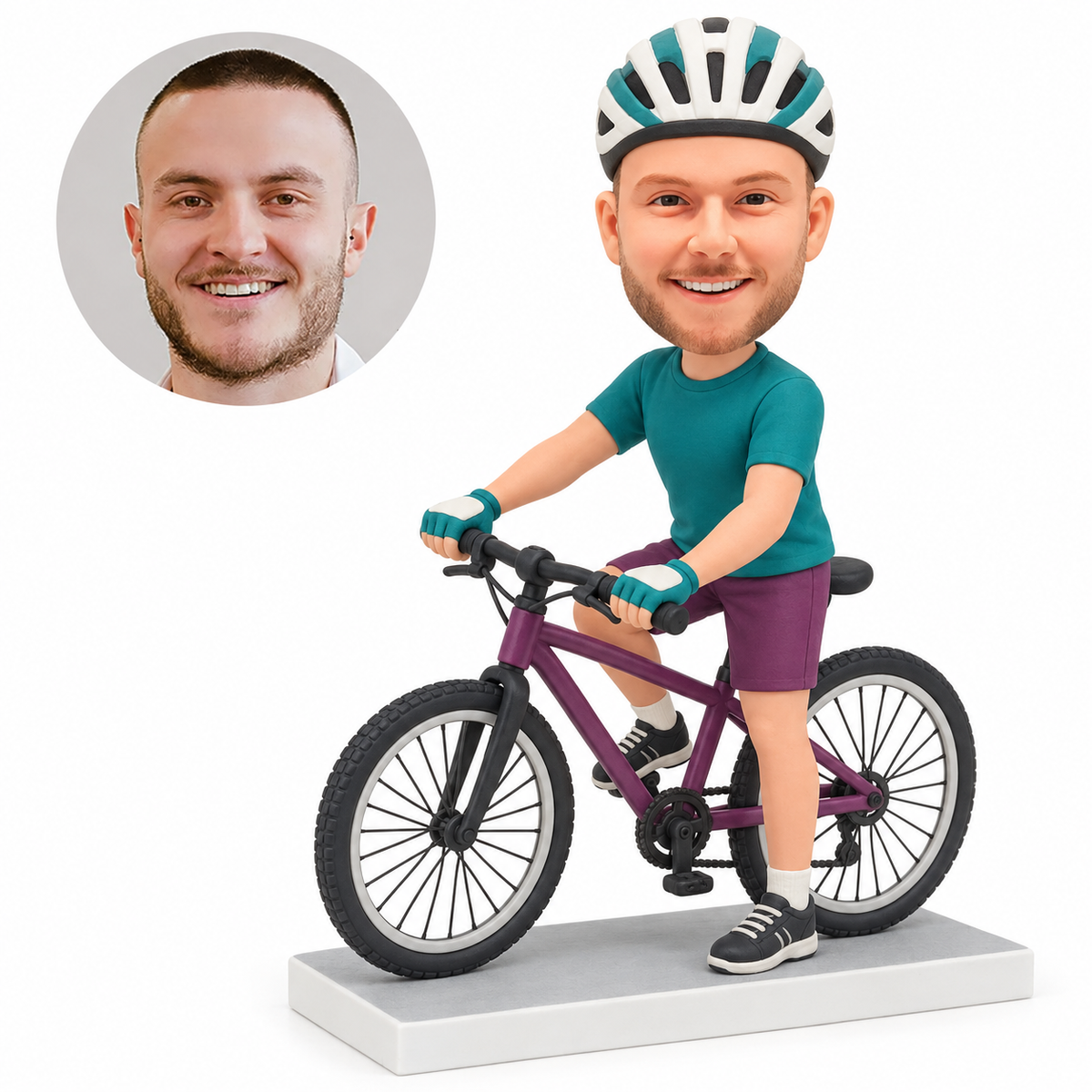 custom bobblehead figure man wearing a cycling helmet straddling a bicycle with one foot on the ground