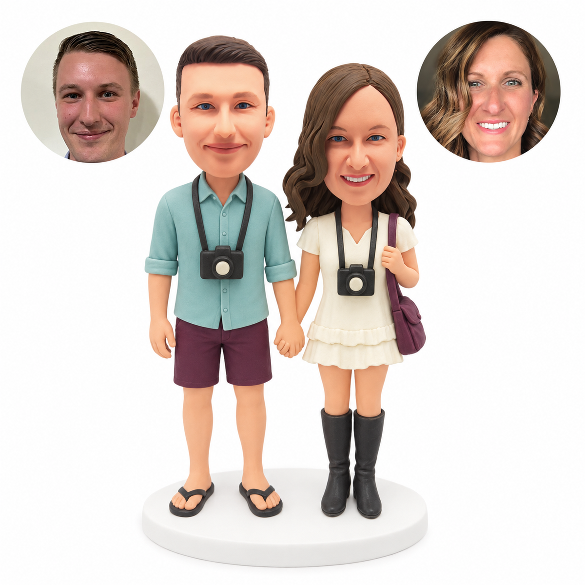 custom bobblehead figures travel couple wearing cameras on neck straps