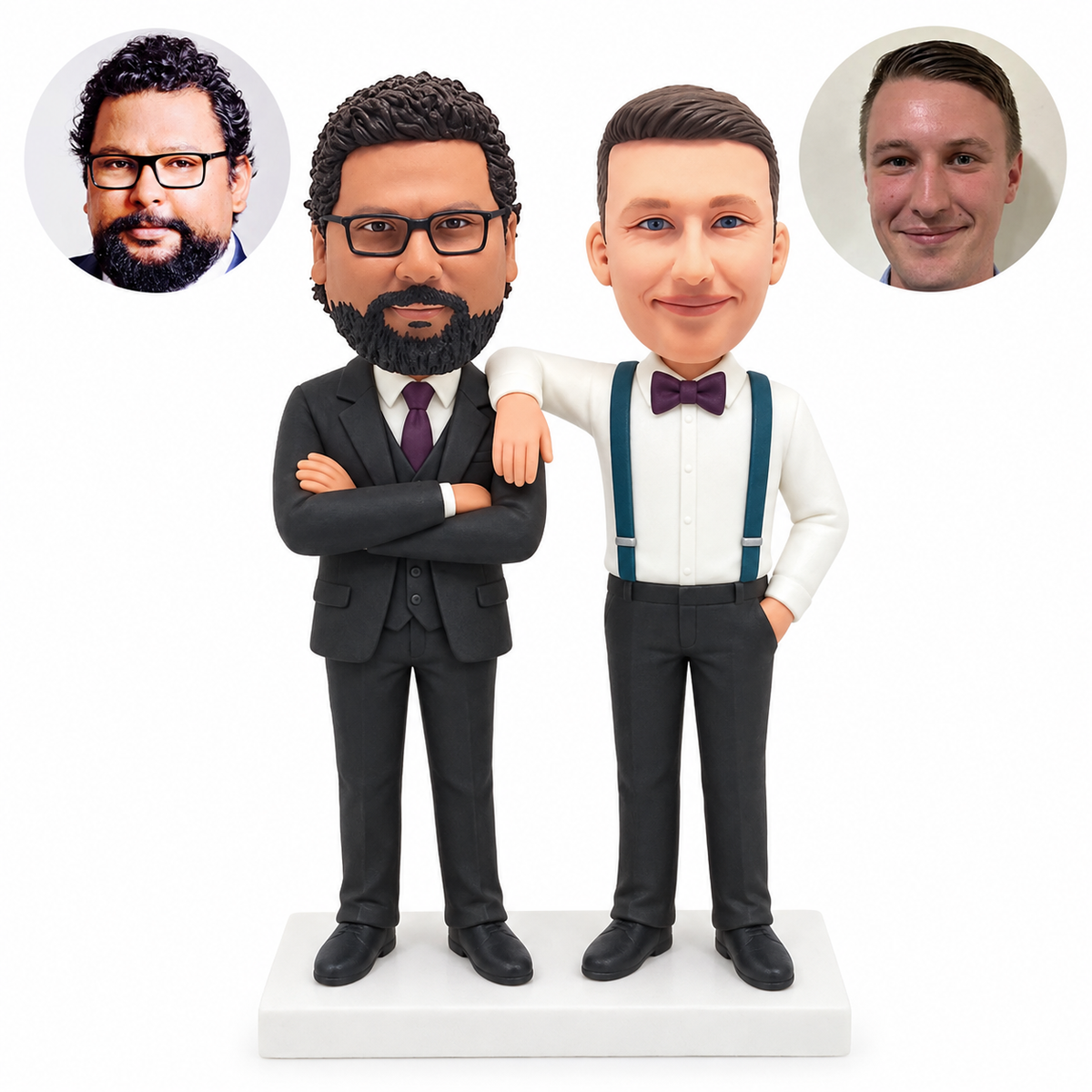 custom bobblehead figures two men in wedding clothes with crossed arms and an arm over the shoulder