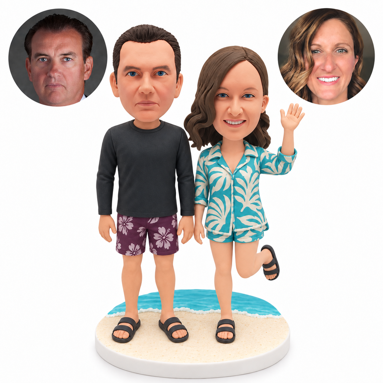 custom bobblehead figures beach couple with woman waving and bending one leg back