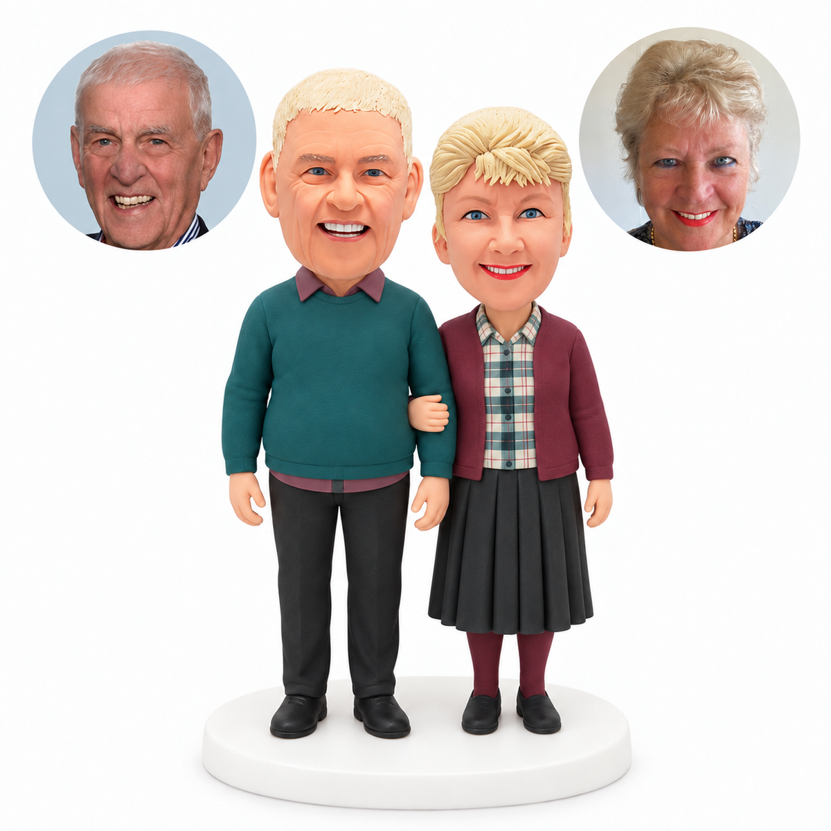 custom bobblehead figures fuller-figure older couple with woman linking the man's arm