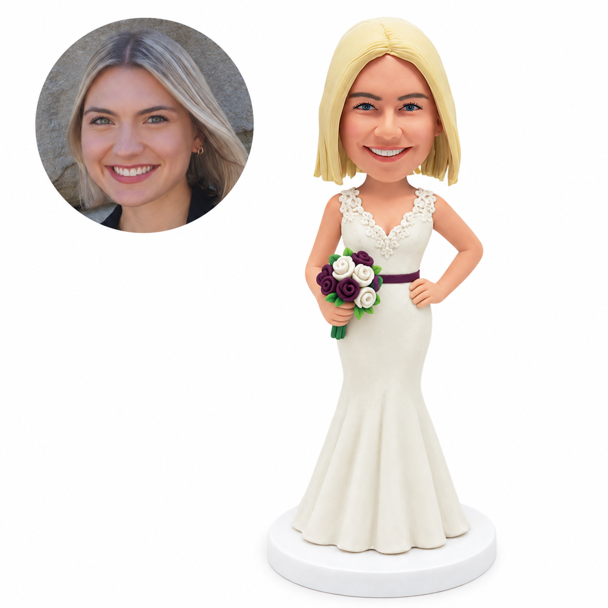 custom bobblehead figure bridesmaid in a floor-length lace gown with a bouquet and a hand on her hip