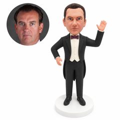 custom bobblehead figure man in a tuxedo waving with an empty hand