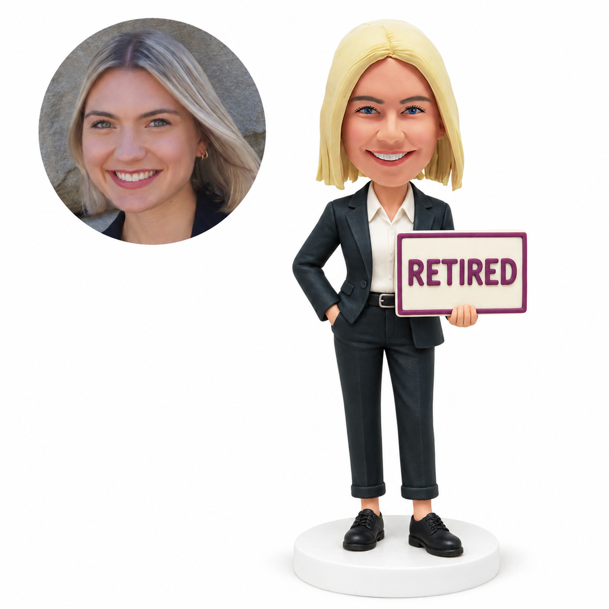 custom bobblehead figure retired businesswoman holding a placard with one hand in a pocket