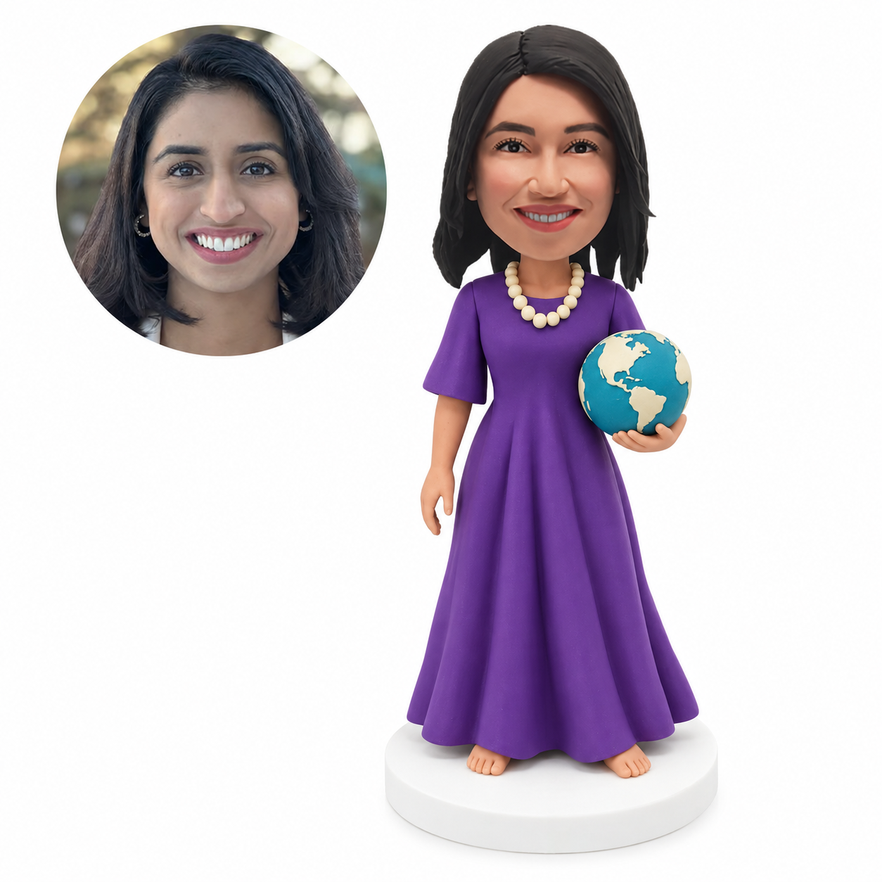custom bobblehead figure woman in a long dress holding a globe