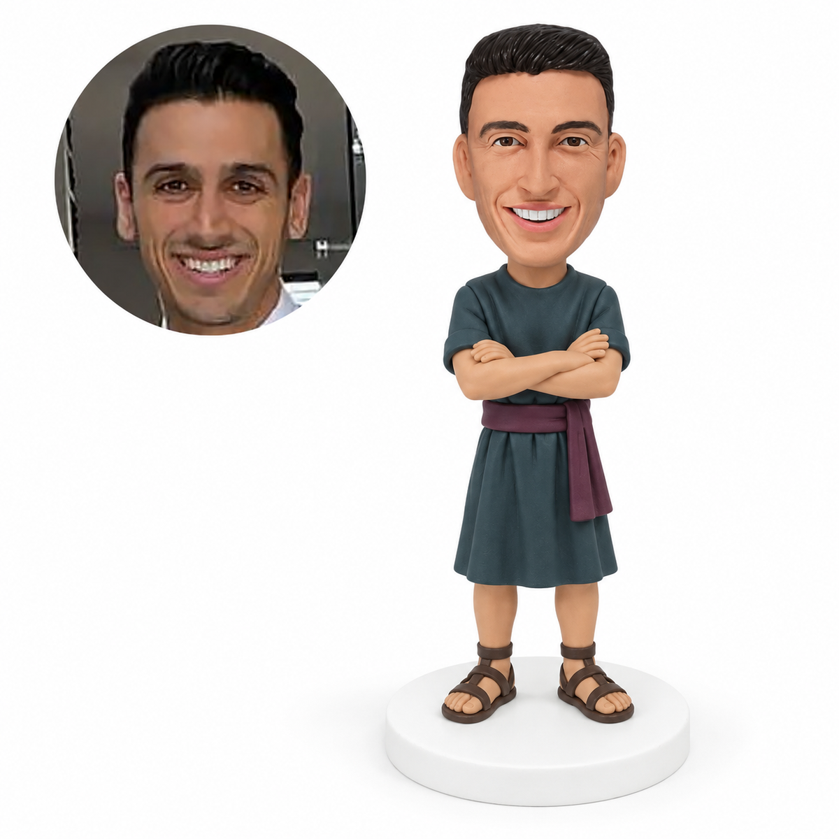 custom bobblehead figure man in a belted tunic with crossed arms