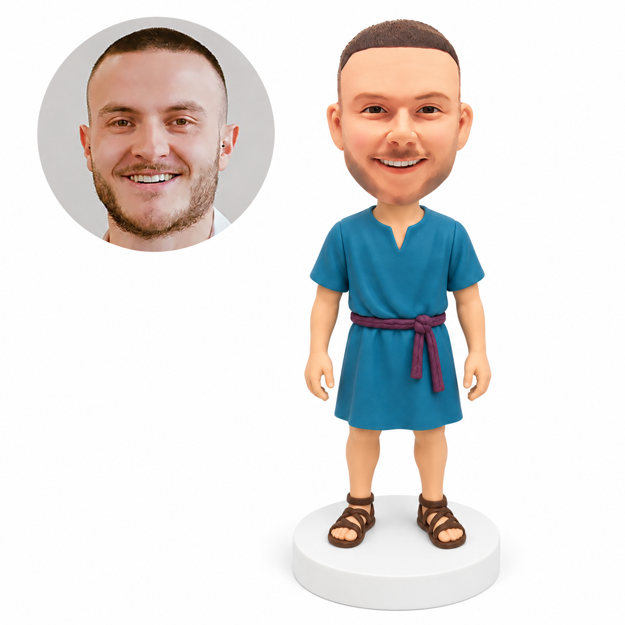 custom bobblehead figure man in a short belted tunic with arms at his sides