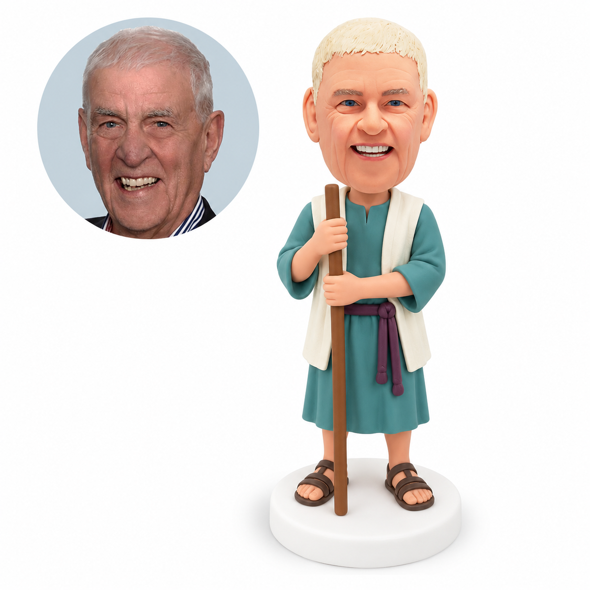 custom bobblehead figure man in a tunic and vest gripping a staff with both hands