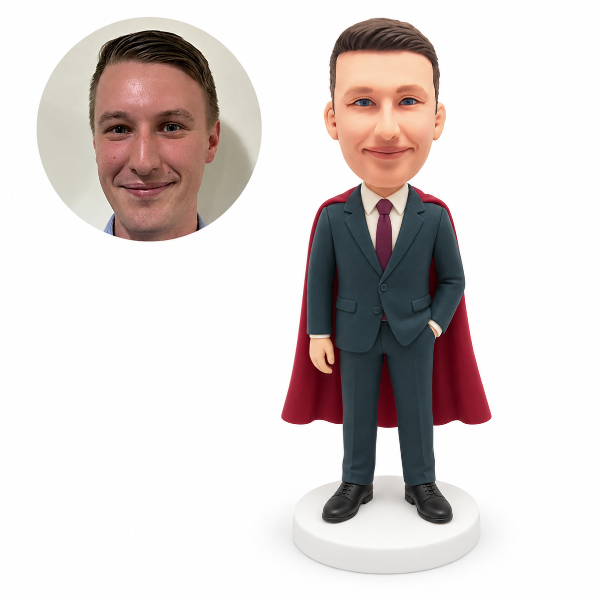 custom bobblehead figure businessman in a suit and cape with one hand in a pocket
