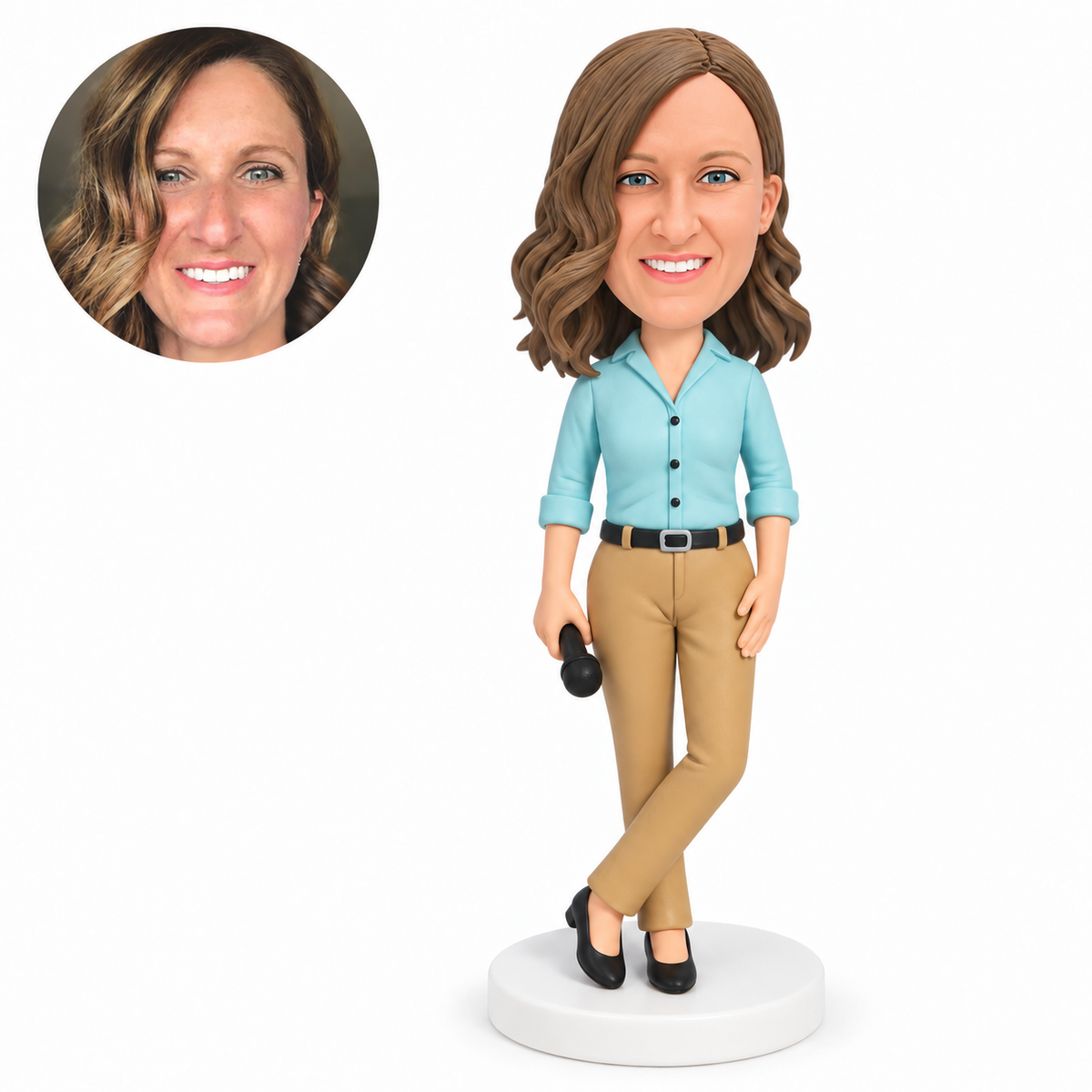 custom bobblehead figure woman with crossed ankles holding a microphone at her side
