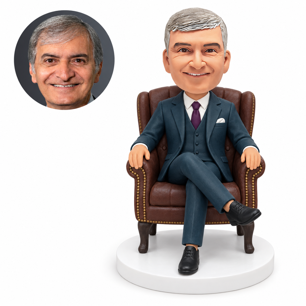custom bobblehead figure businessman with crossed legs resting both hands on an armchair