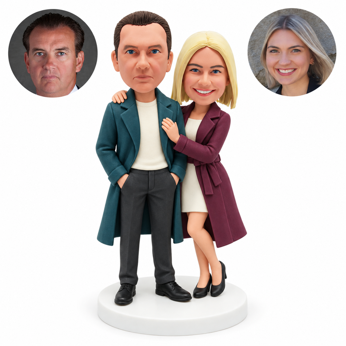 custom bobblehead figures couple with a woman resting her hands on his shoulder and chest