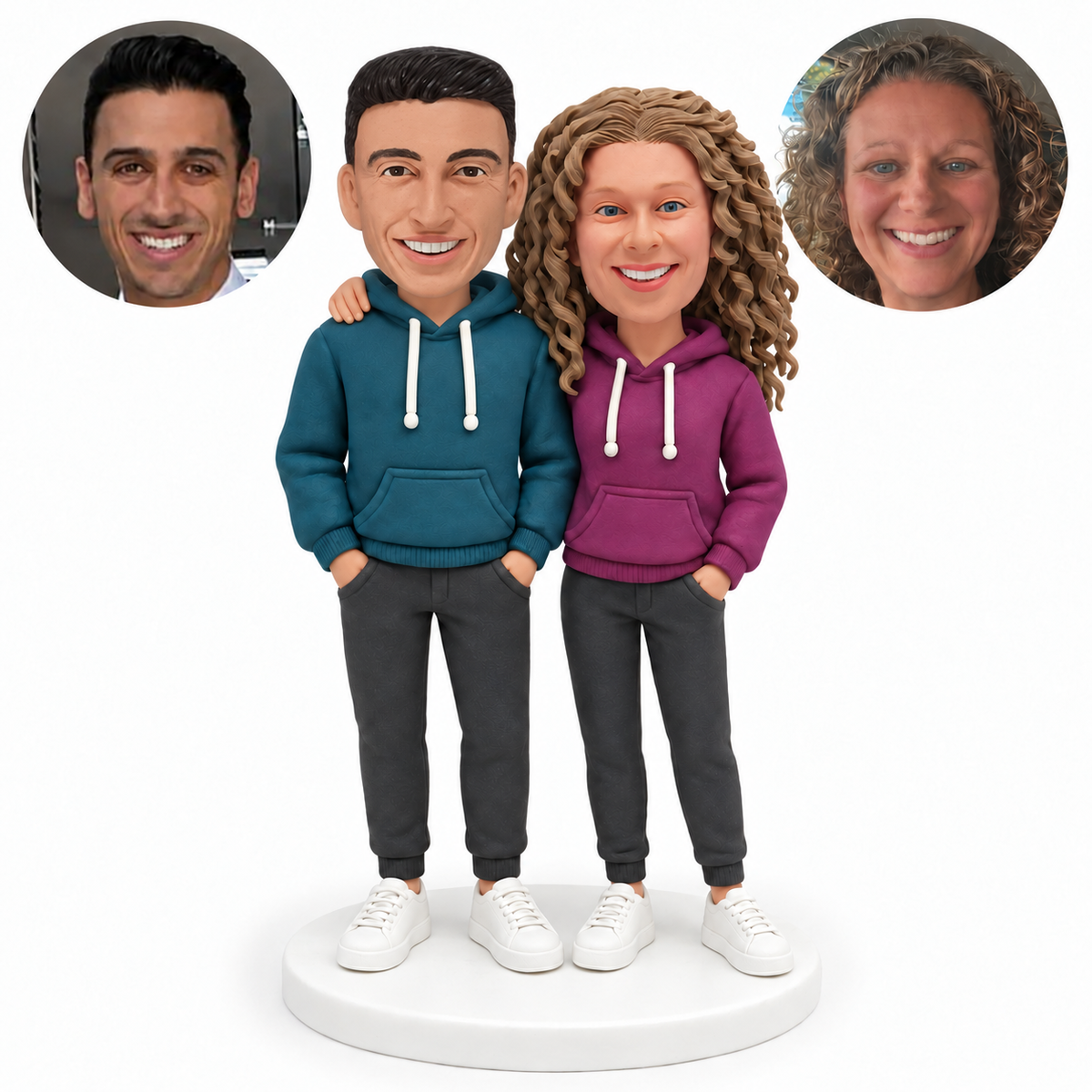 custom bobblehead figures couple with a woman resting one arm around his shoulder