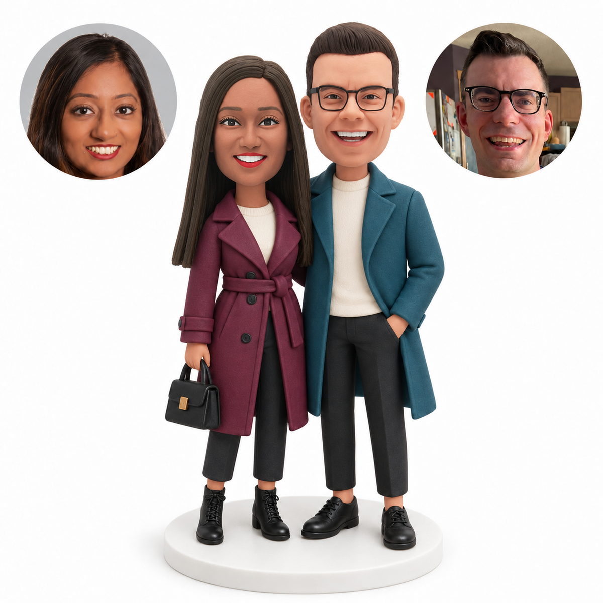 custom bobblehead figures couple in long coats with a woman carrying a handbag