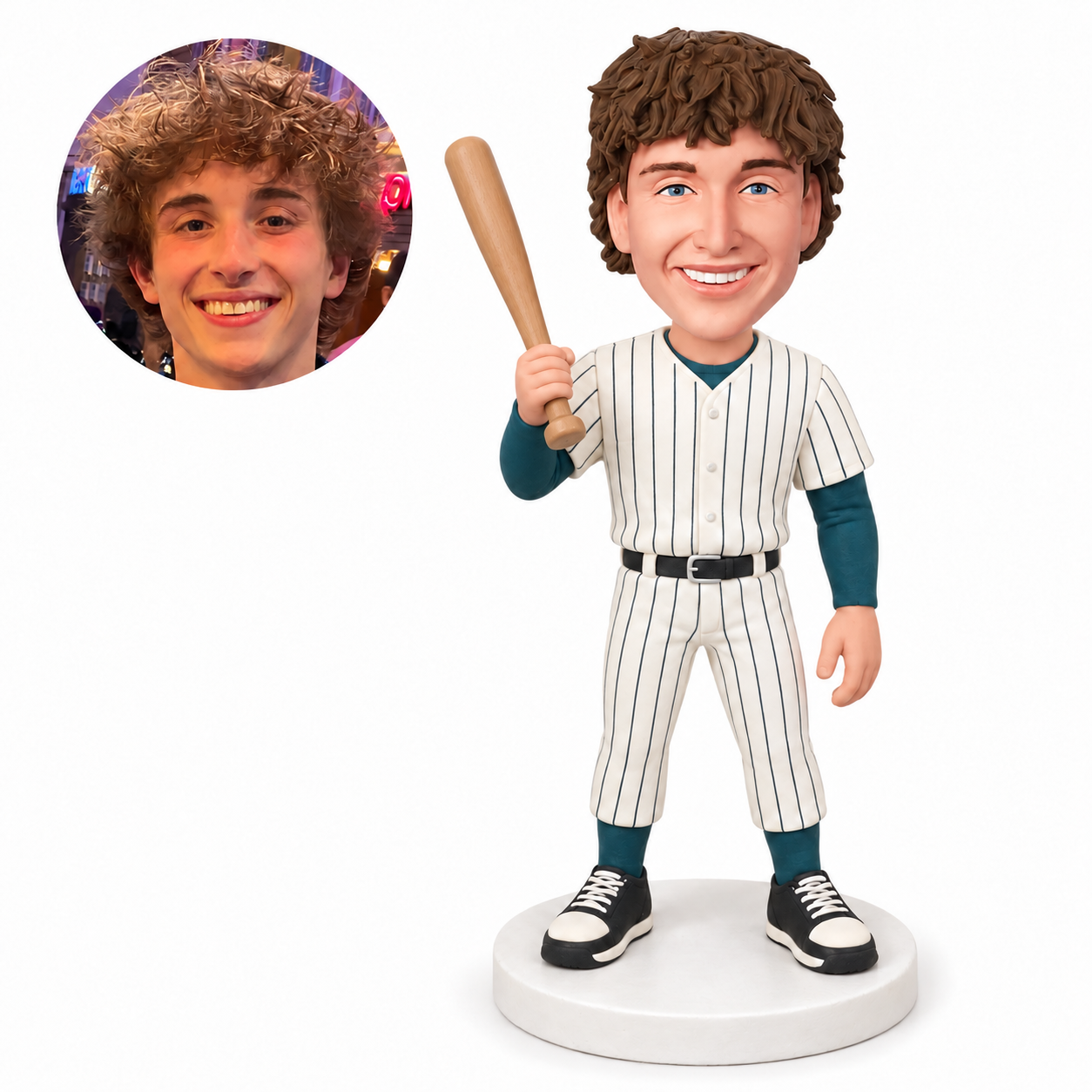 custom bobblehead figure baseball player holding a bat beside his shoulder