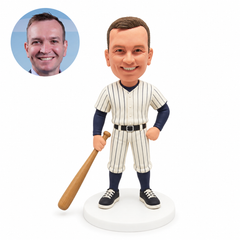 custom bobblehead figure baseball player holding a bat low with one hand on his hip