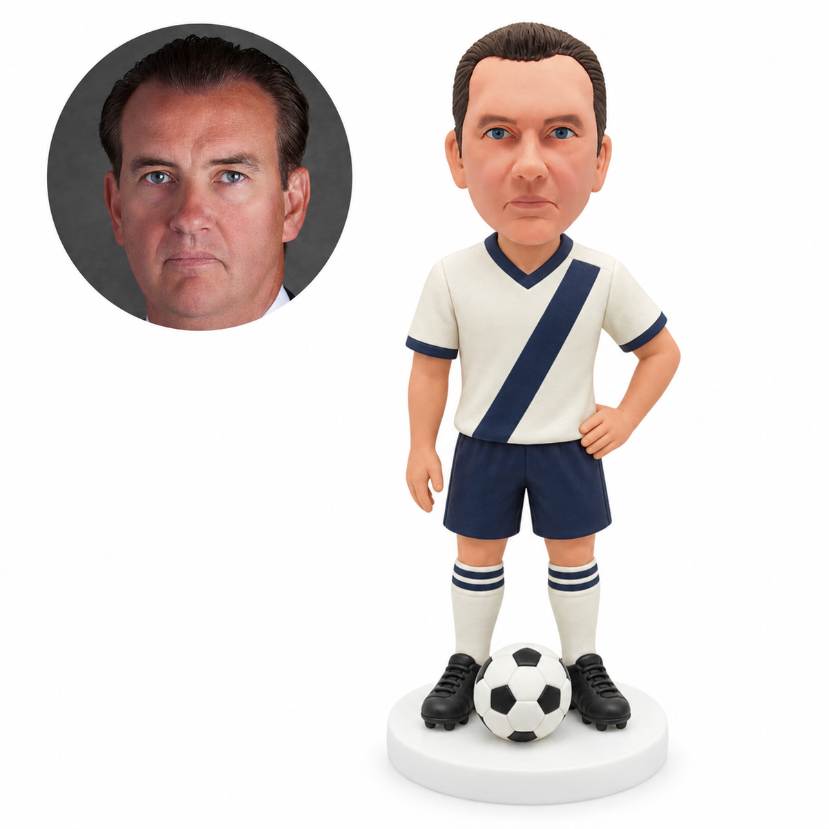 custom bobblehead figure male soccer player with one hand on hip and ball on base; original Bobblefigurine sculpted clay head and matching human portrait.