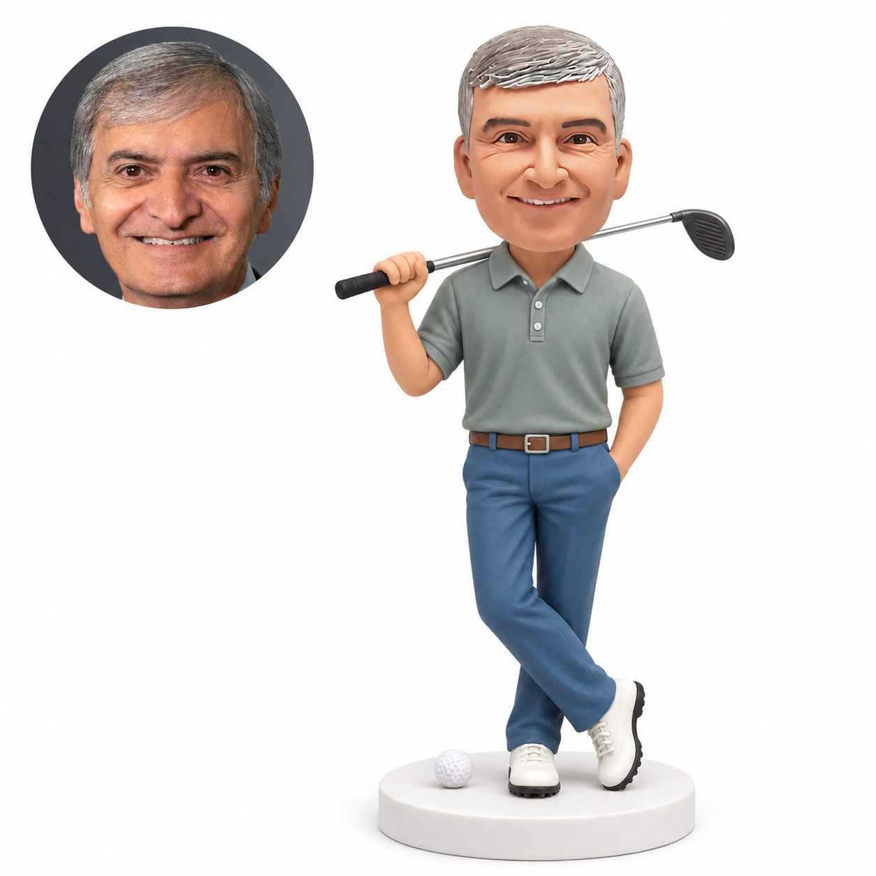 custom bobblehead figure male golfer with club on shoulder hand in pocket and crossed ankles; original Bobblefigurine sculpted clay head and matching human portrait.