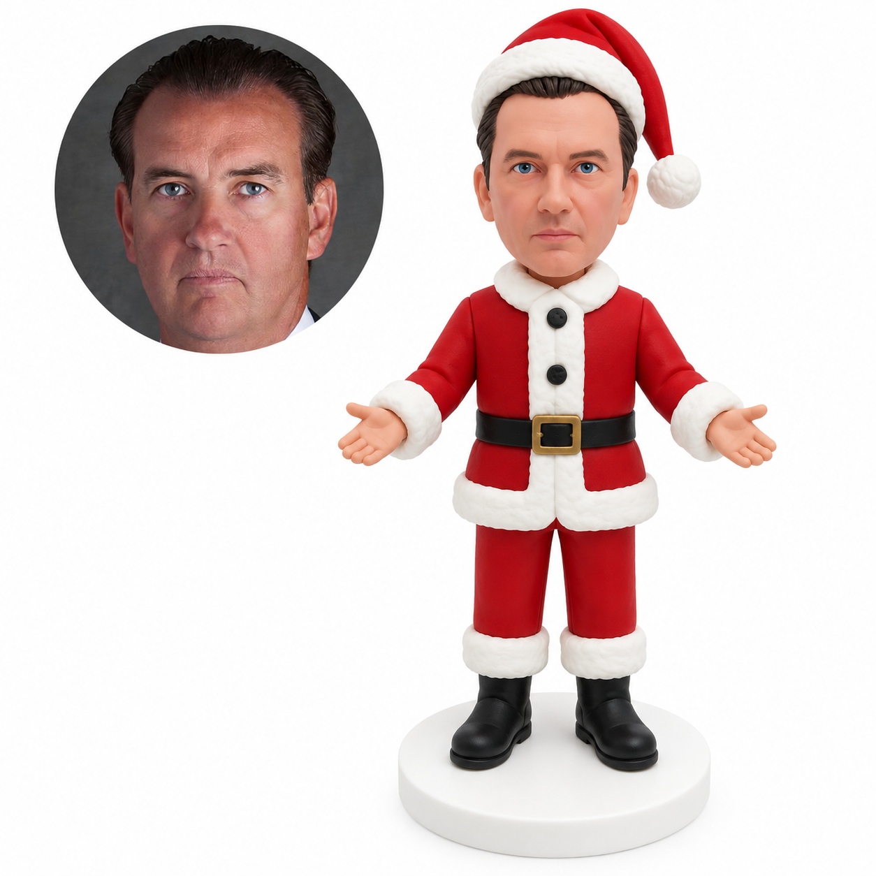 custom bobblehead figure male Santa with both arms open; original own-site sculpted polymer-clay head and matching human photo.