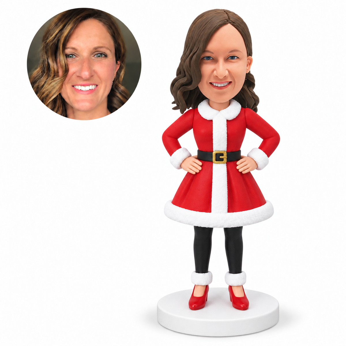 custom bobblehead figure woman in Santa coat dress with both hands on hips; original own-site sculpted clay heads and their own matching human portraits.